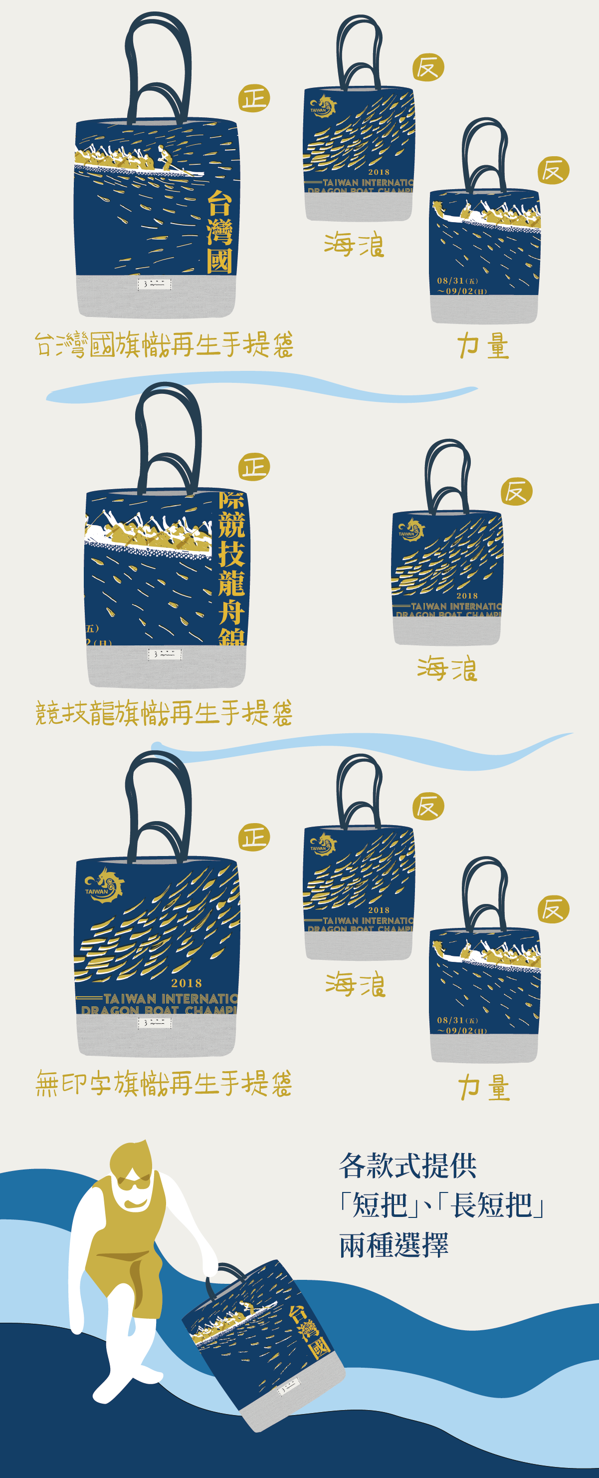 台灣國旗幟再生手提袋製作，擁有不同的正反款式，並有短把、長短把兩種選擇